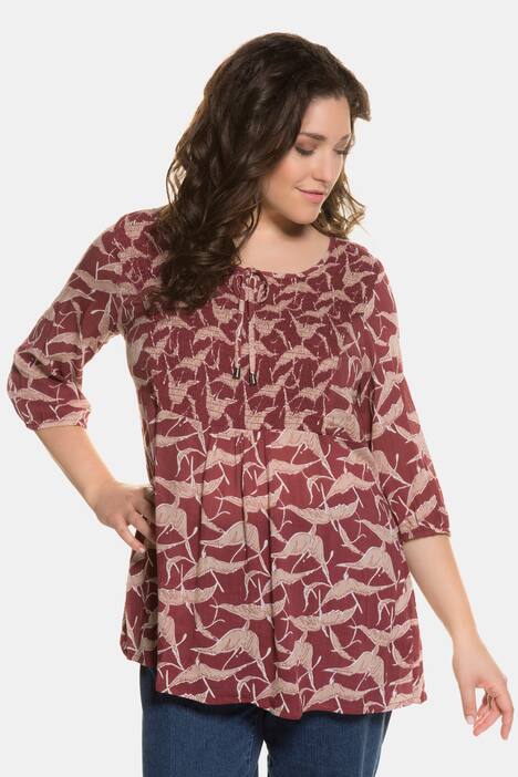 Graphic Bird Print Smocked Yoke Viscose Blouse