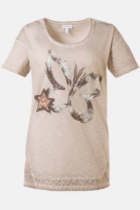 T-Shirt, Schmetterlings-Motiv, Pailletten, Spitzensaum