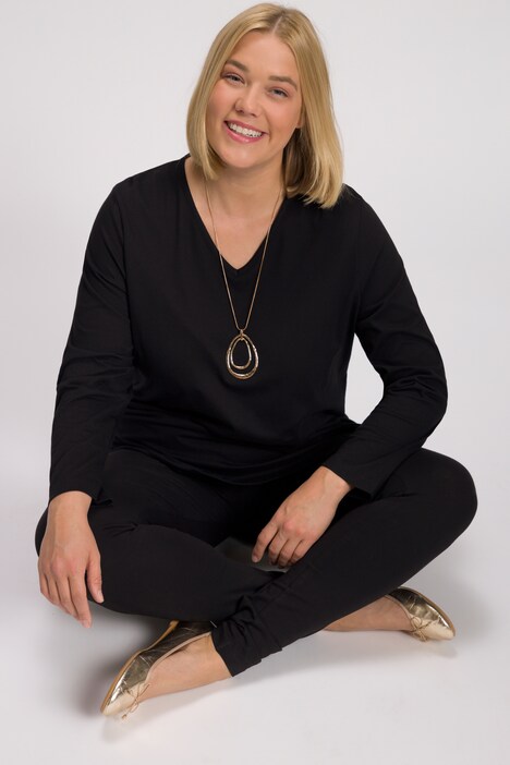 Longshirt, V-Ausschnitt, A-Linie, Langarm, reine Baumwolle