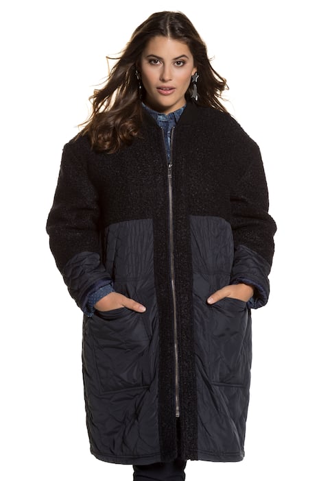 Mixed Fabric Quilted Zip Front Coat