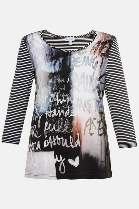 Shirt, Schrift/Streifen, runder Ausschnitt, 3/4-Ärmel