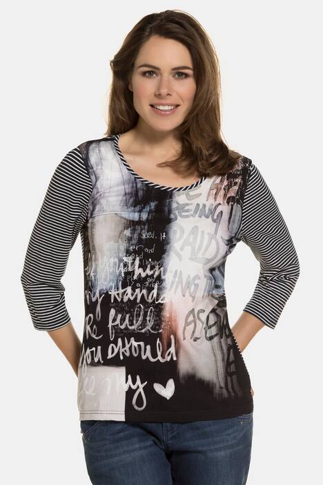 Shirt, Schrift/Streifen, runder Ausschnitt, 3/4-Ärmel