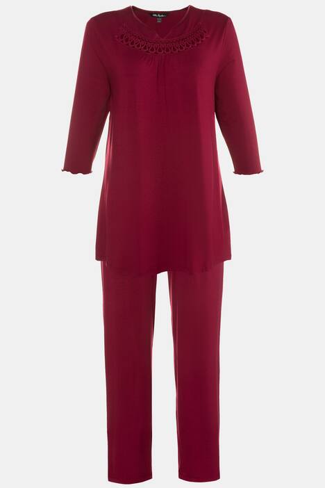 Lace Neckline Silky Stretch Knit Pajama Set