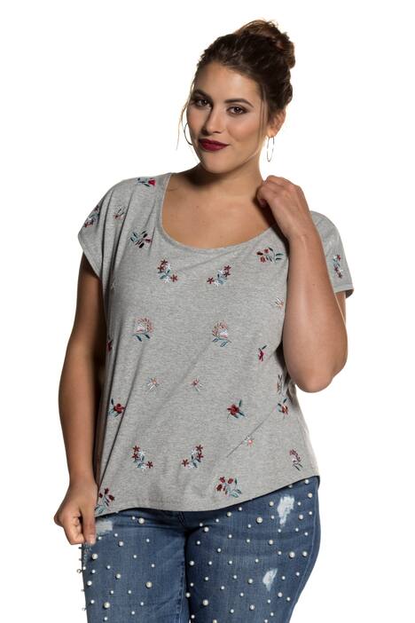 Shirt, Blüten-Stickerei, Nackenschlitz, hinten länger