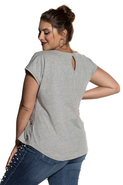 Shirt, Blüten-Stickerei, Nackenschlitz, hinten länger