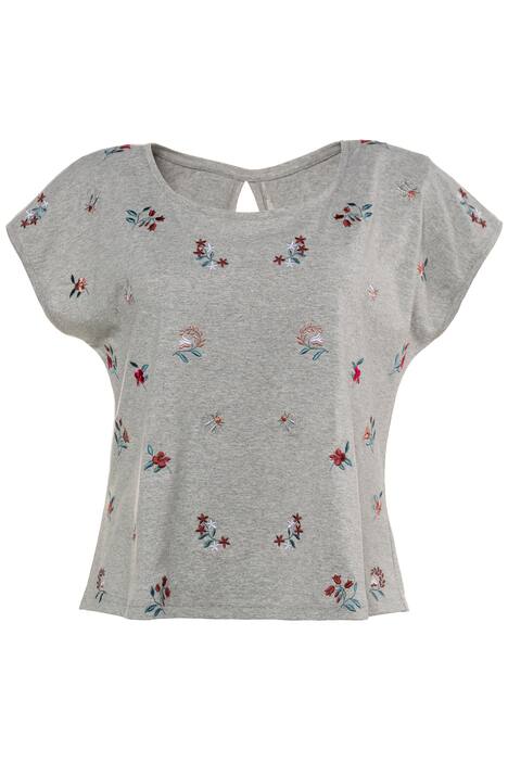 Shirt, Blüten-Stickerei, Nackenschlitz, hinten länger