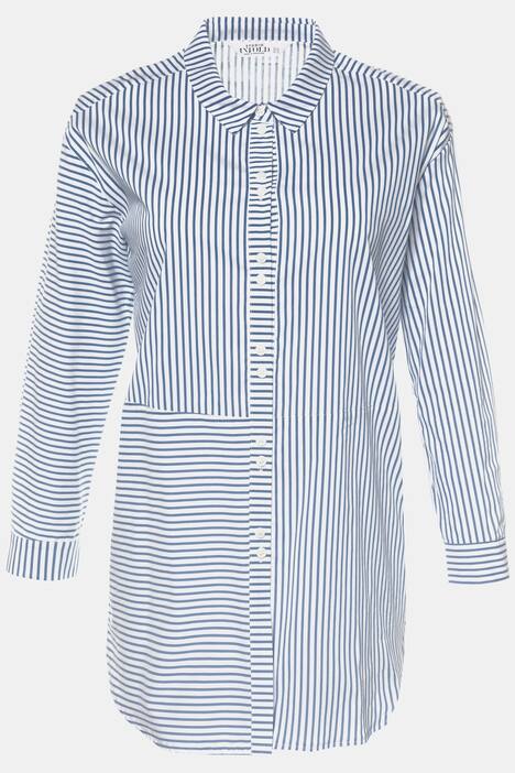 Seamed Stripe Button Front Long Sleeve Tunic Blouse