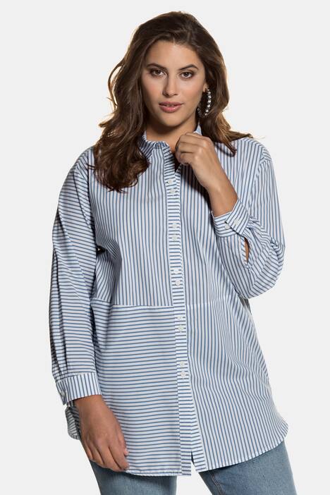 Seamed Stripe Button Front Long Sleeve Tunic Blouse