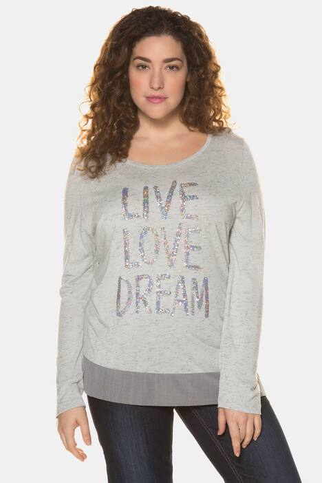 Shirt, Schriftmotiv, Pailletten, Regular, Streifensaum