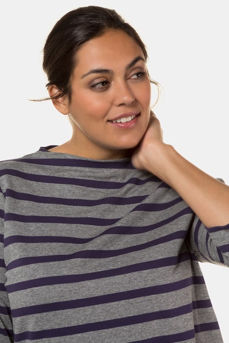 Stripe High Neck Three Quarter Sleeve Stretch Knit Top