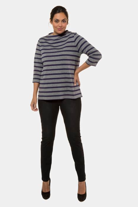 Stripe High Neck Three Quarter Sleeve Stretch Knit Top