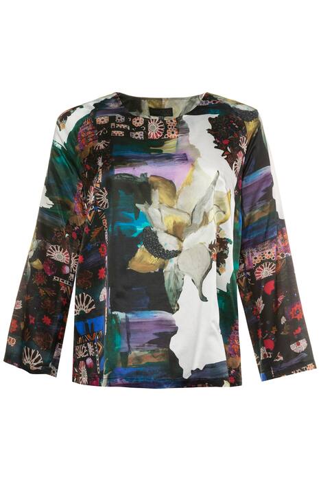 Mix Print Silk Blend Raglan Long Sleeve Blouse