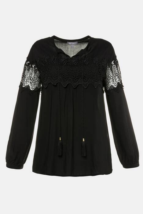 Bluse, Spitzenband, Quasten-Bindeband, Langarm