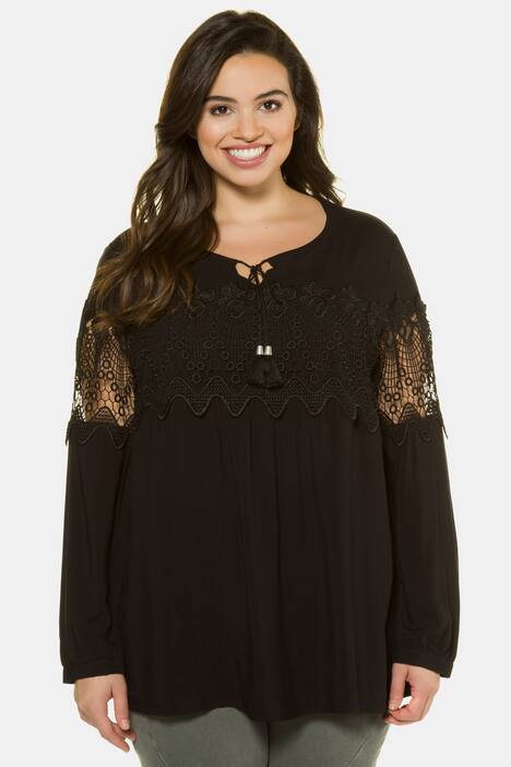 Bluse, Spitzenband, Quasten-Bindeband, Langarm
