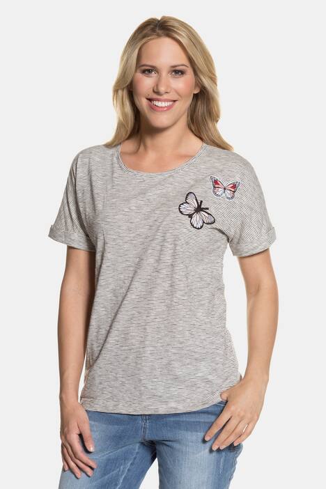 T-Shirt, feine Streifen, Schmetterlinge, doppelter Ärmelsaum