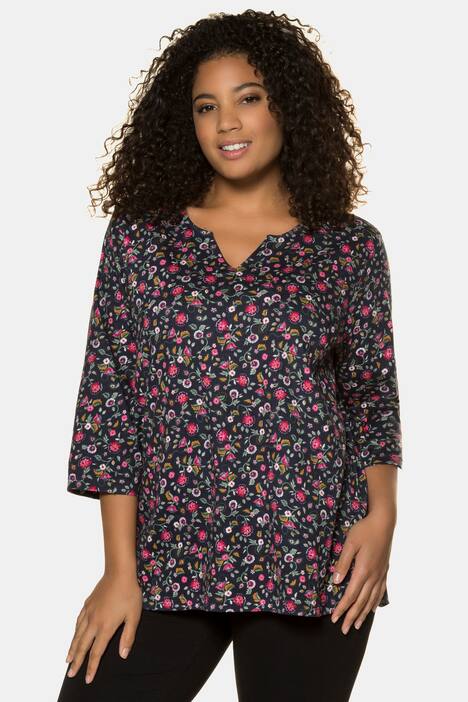 Shirt, V-Ausschnitt, geblümt, 3/4-Ärmel