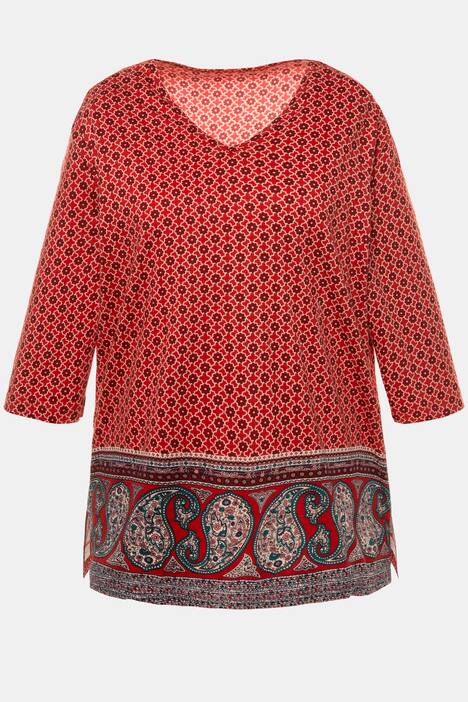 Longshirt, Saumbordüre, V-Ausschnitt, 3/4-Ärmel