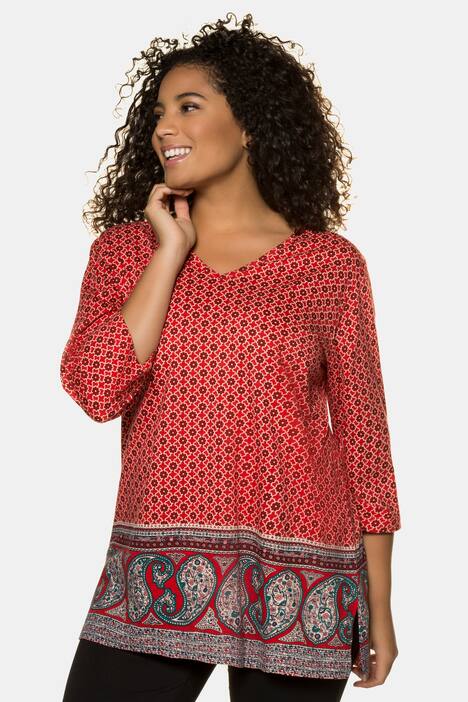 Longshirt, Saumbordüre, V-Ausschnitt, 3/4-Ärmel
