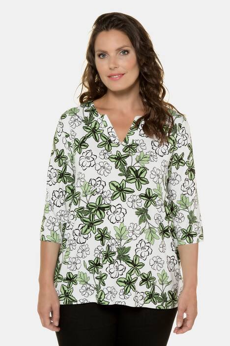 Green Floral Print Classic Fit Stretch Knit Top