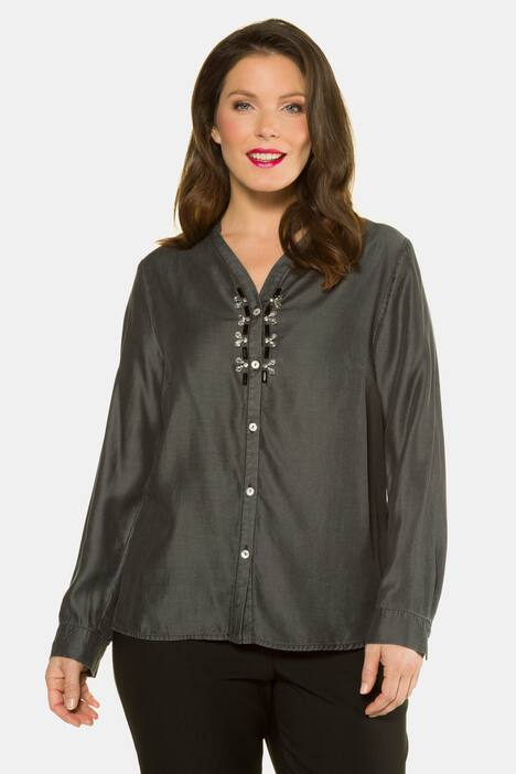 Bead Accent Placket Long Sleeve Lyocell Blouse