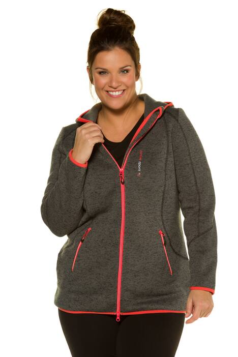 Strickfleece-Jacke, Kapuze, Kontrastpaspel, Ziernähte