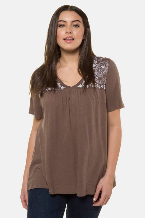 Embroidered Yoke Short Sleeve A-line Fit Cotton Tee
