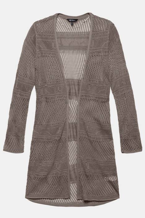 Long-Cardigan, Ajourstrick, offene Form, Langarm