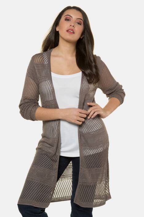 Long-Cardigan, Ajourstrick, offene Form, Langarm