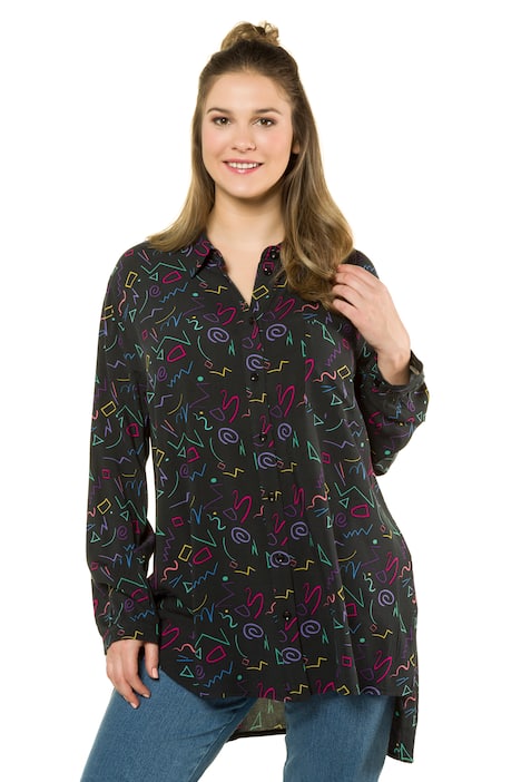 80s Print Long Sleeve Tunic Blouse
