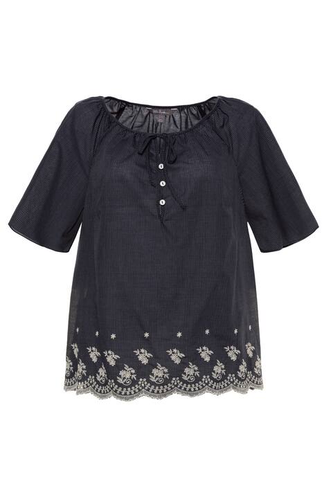 Embroidered Hem Stripe Cotton Raglan Sleeve Blouse
