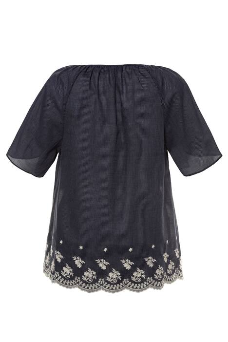 Embroidered Hem Stripe Cotton Raglan Sleeve Blouse