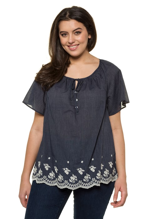 Embroidered Hem Stripe Cotton Raglan Sleeve Blouse