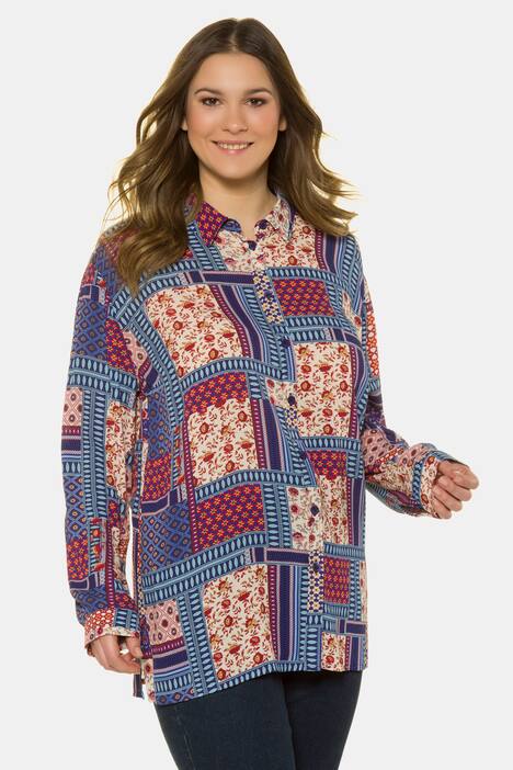Hemdbluse, Patchlook, Relaxed, Seitenschlitze, Krepp