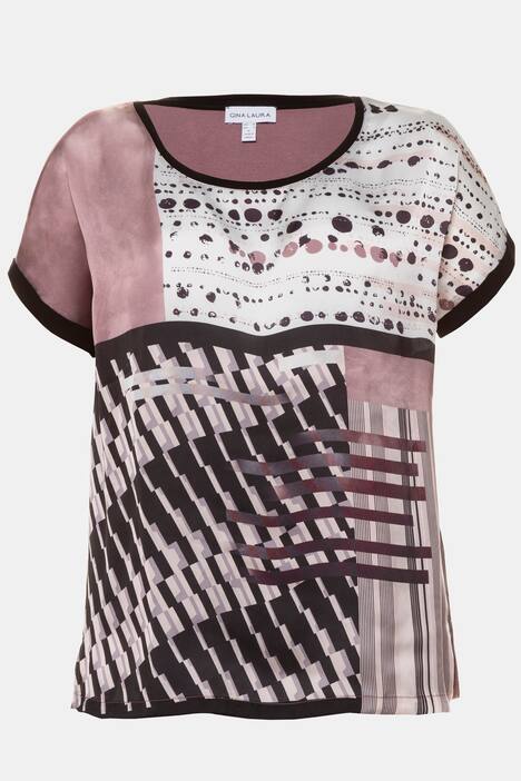 T-Shirt, grafischer Druck, Satin-Vorderteil, schwarzer Saum