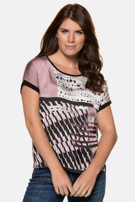 T-Shirt, grafischer Druck, Satin-Vorderteil, schwarzer Saum