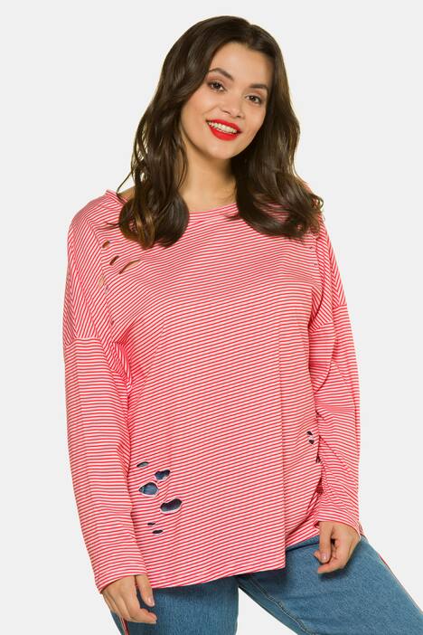 Destroy Effect Stripe Long Sleeve Cotton Tee