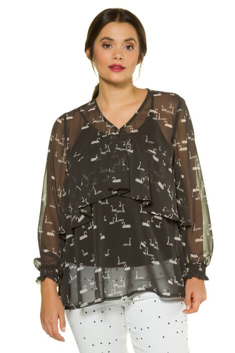 Tunika, Chiffon mit Schwänen, Ausschnitt-Volant