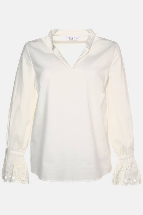 Eyelet Flounce Sleeve Stand Up Collar V-Neck Shirt