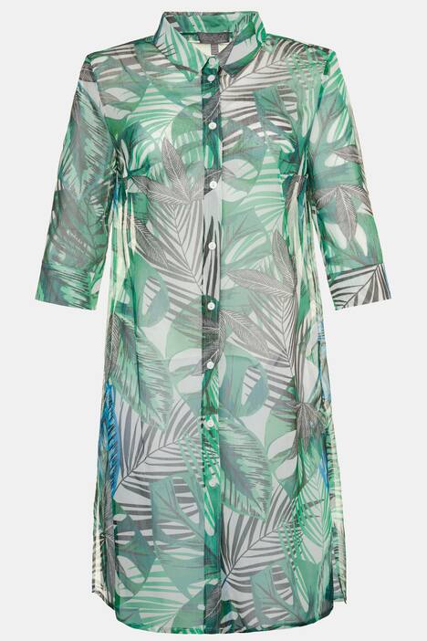 Sheer Leaf Print Button Front Tunic Blouse