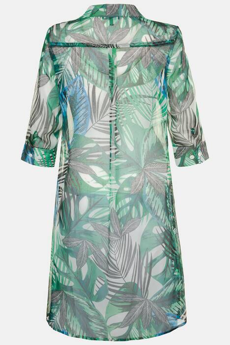 Sheer Leaf Print Button Front Tunic Blouse