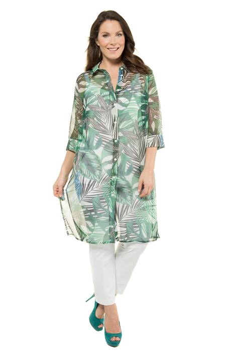 Sheer Leaf Print Button Front Tunic Blouse