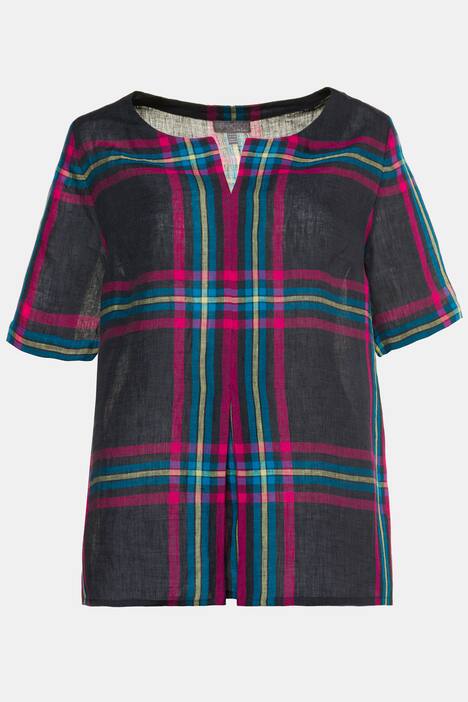 Plaid Linen Notch Neck Short Sleeve Blouse