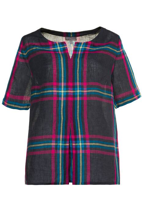 Plaid Linen Notch Neck Short Sleeve Blouse