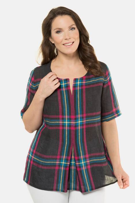 Plaid Linen Notch Neck Short Sleeve Blouse