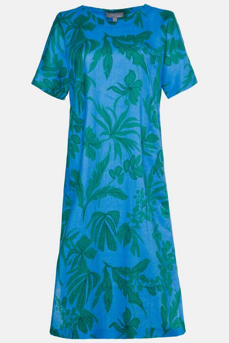 Leinenkleid, Blattmuster, A-Linie, Seitenschlitze, Halbarm