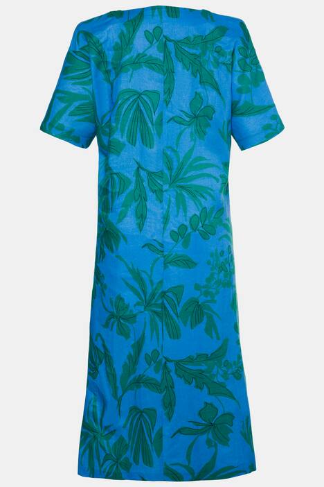 Leinenkleid, Blattmuster, A-Linie, Seitenschlitze, Halbarm