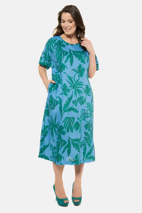Leinenkleid, Blattmuster, A-Linie, Seitenschlitze, Halbarm