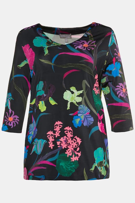 Spring Flowers V-Neck Stretch Knit Top