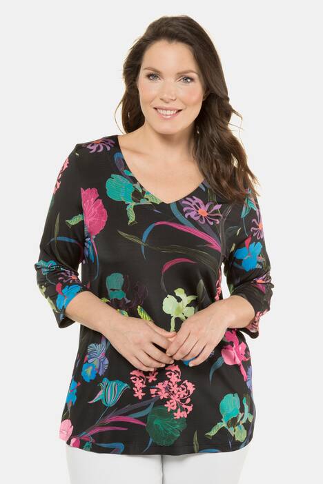 Spring Flowers V-Neck Stretch Knit Top