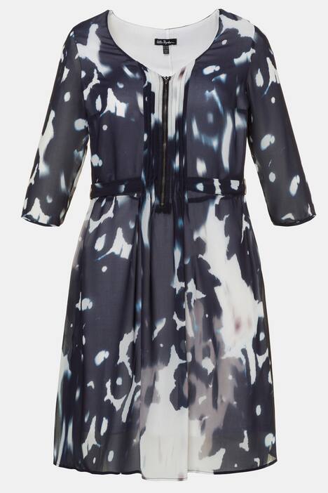 Kleid, Chiffon-Oberlage, Bindegürtel, transparenter 3/4-Arm